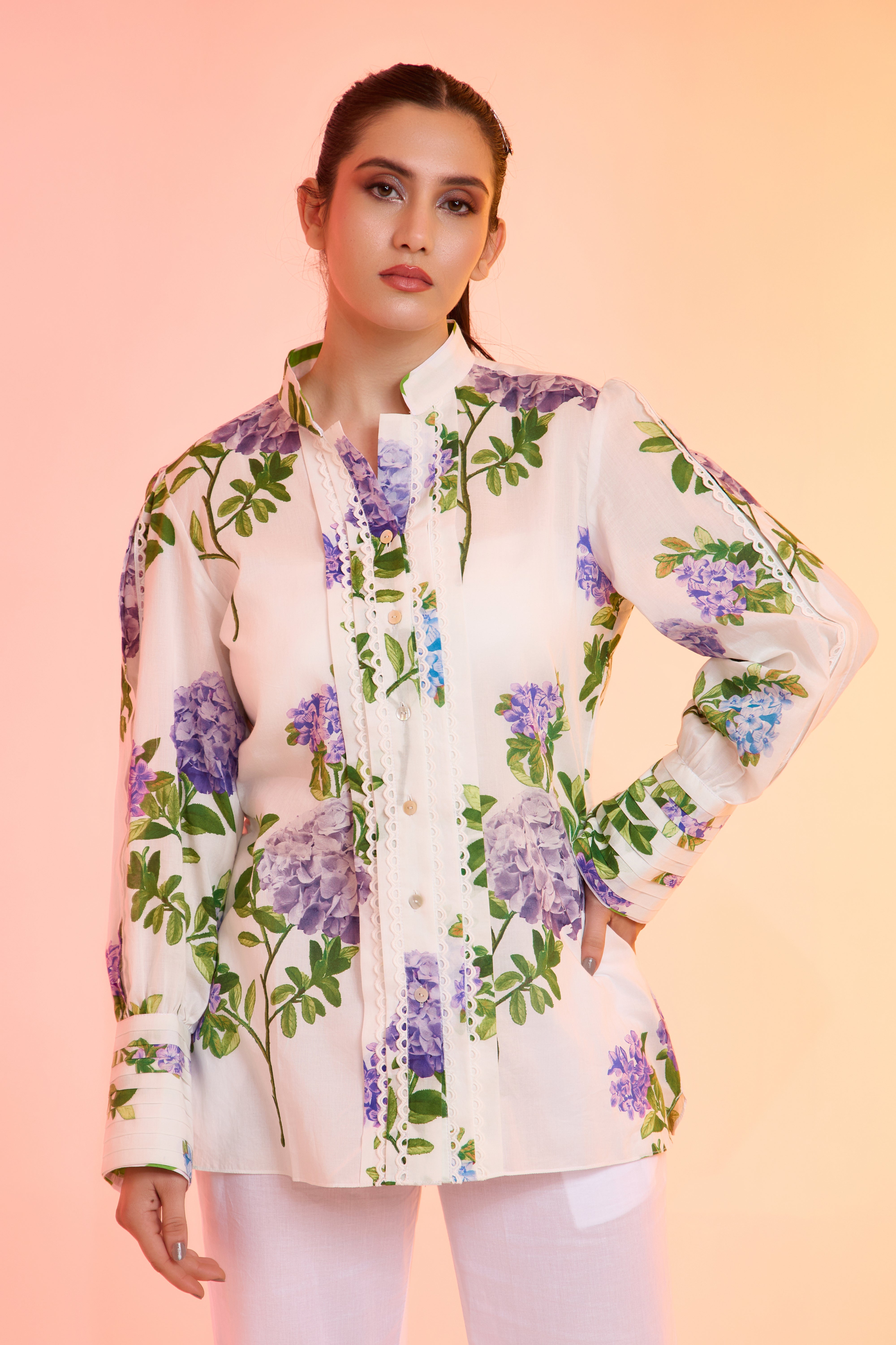 HEY FLOWER (Hydrangea) printed cotton shirt